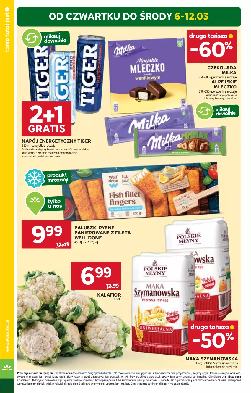 Gazetka promocyjna Stokrotka - Market Opole/Radom - ważna 06.03 do 12.03.2025 - strona 4 - produkty: Czekolada, Gra, HP, Kalafior, Mąka, Milka, Mleczko, Napój, Napój energetyczny, Paluszki rybne, Tiger