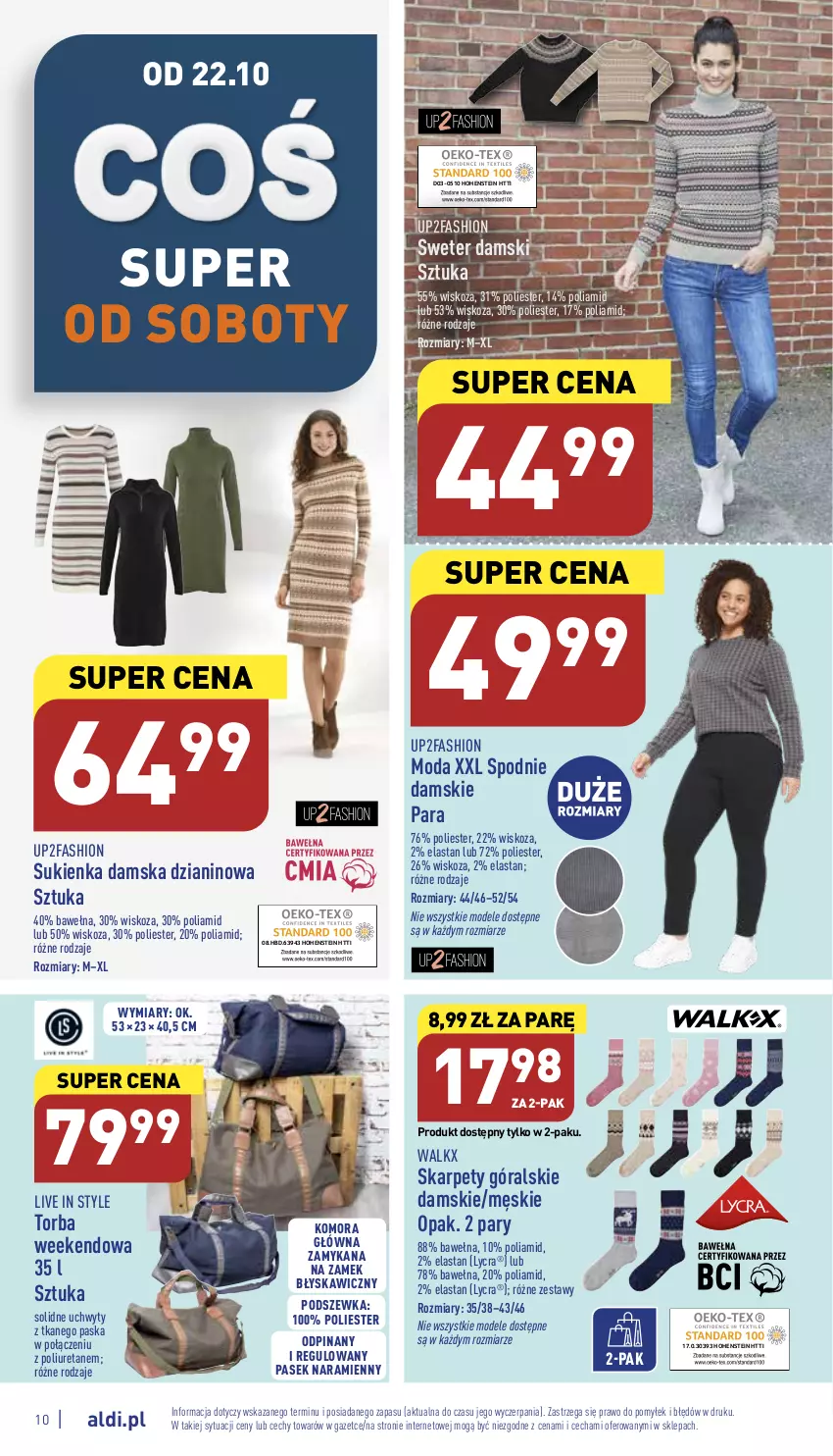 Gazetka promocyjna Aldi - Katalog moda i dom - ważna 19.10 do 22.10.2022 - strona 10 - produkty: Fa, Karp, Moda, Pasek, Spodnie, Sukienka, Sweter, Torba, Uchwyty, Wełna