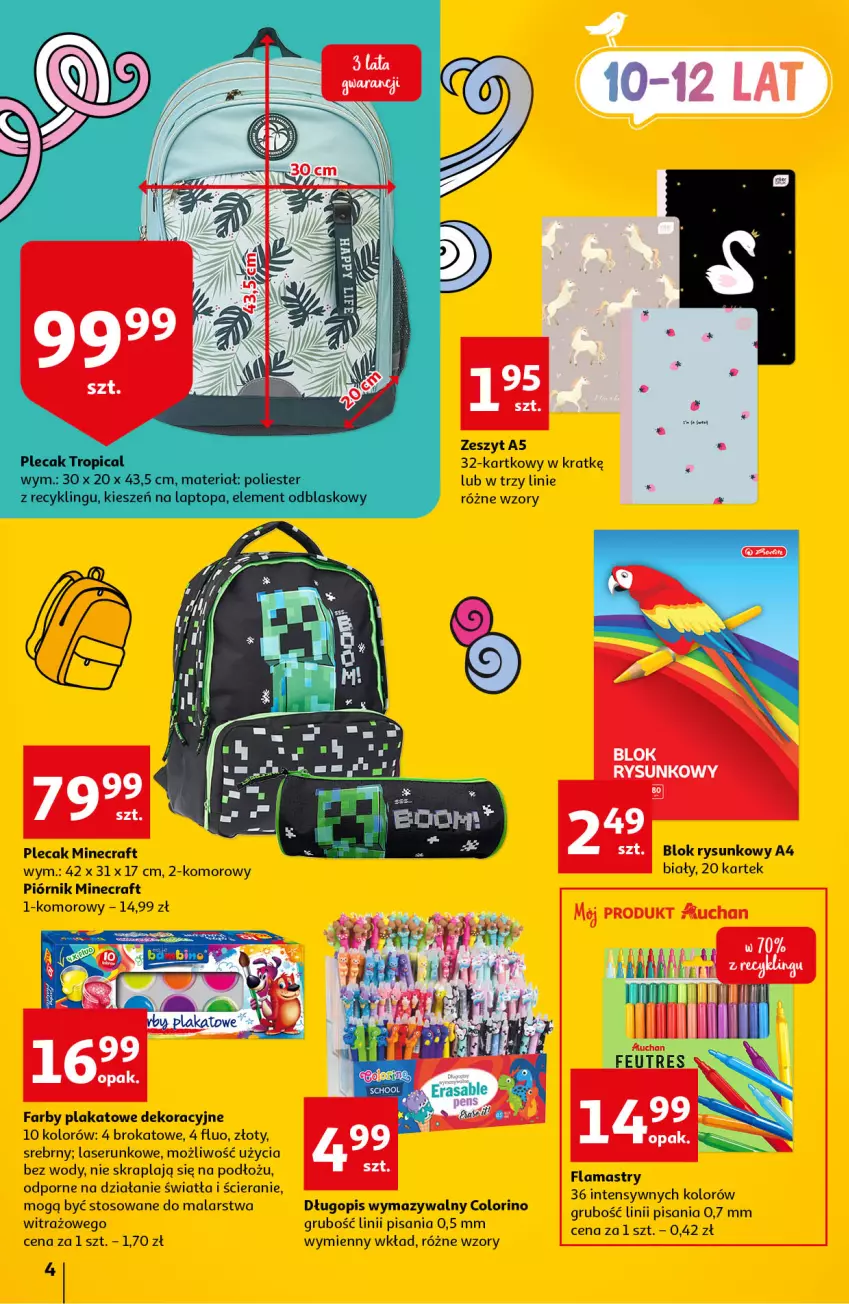 Gazetka promocyjna Auchan - Gazetka Szkoła oszczędzania Hipermarkety - ważna 14.07 do 27.07.2022 - strona 4 - produkty: Długopis, Fa, Flamastry, Minecraft, Piórnik, Plecak, Por, Ser, Top, Tropical