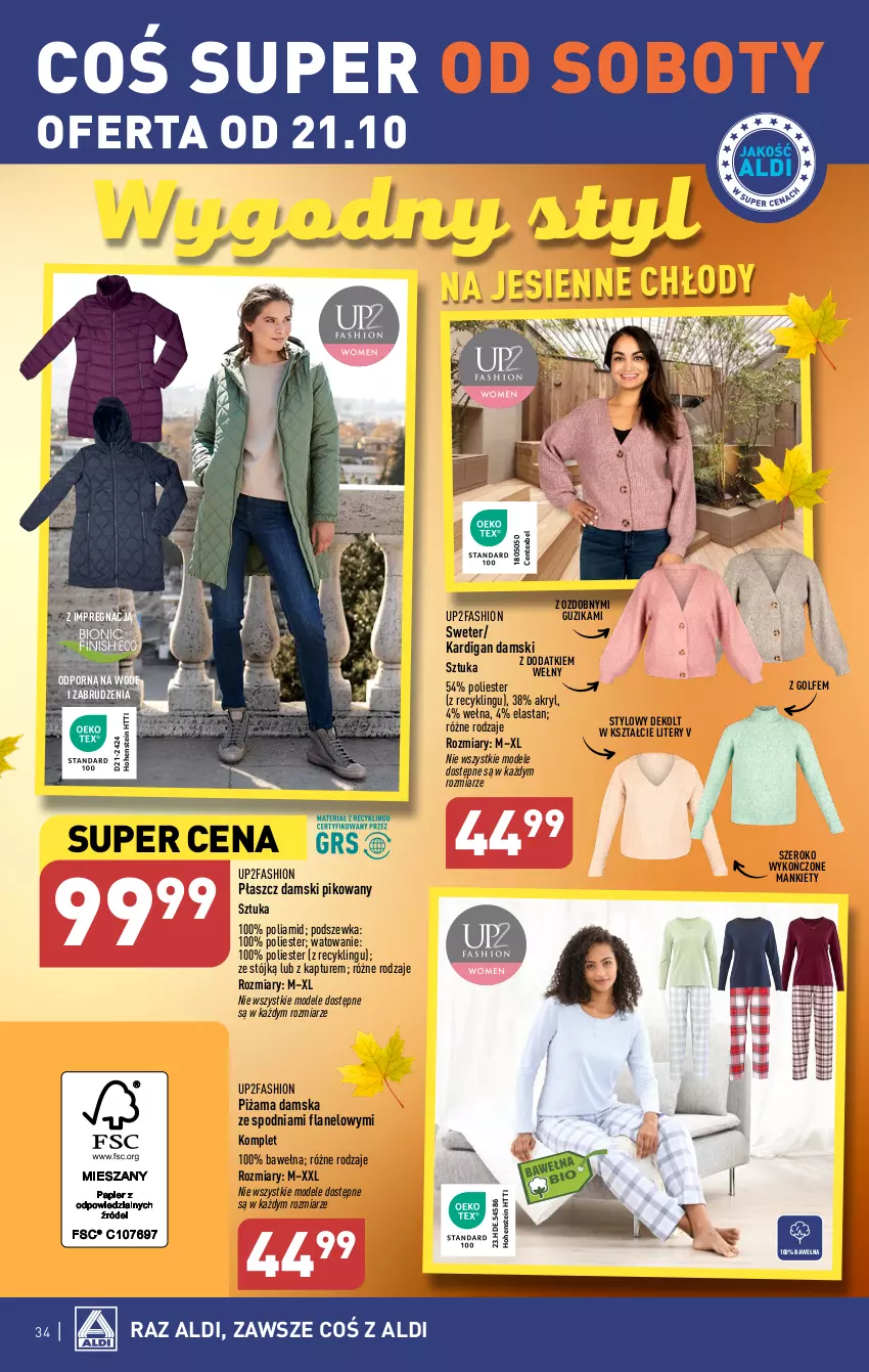 Gazetka promocyjna Aldi - Pełna oferta - ważna 16.10 do 21.10.2023 - strona 34 - produkty: Fa, Kardigan, Piżama, Płaszcz, Por, Sweter, Wełna