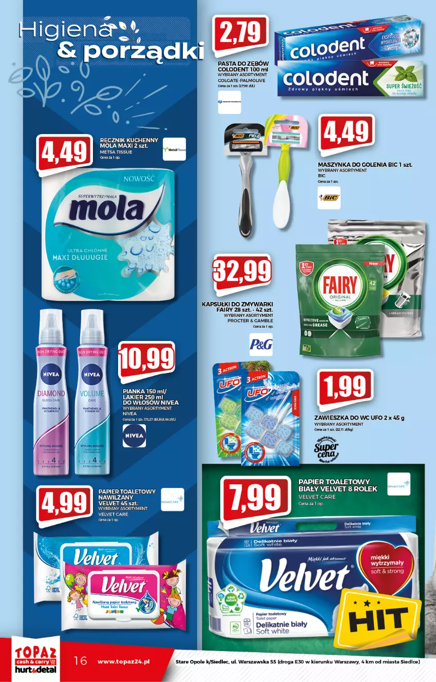 Gazetka promocyjna Topaz - Gazetka - ważna 02.09 do 08.09.2021 - strona 16 - produkty: BIC, Colgate, Fa, Fairy, Gin, Lakier, LG, Maszynka, Maszynka do golenia, Mola, Nivea, Palmolive, Papier, Papier toaletowy, Pasta do zębów, Ręcznik, Ręcznik kuchenny, Szynka, Velvet, Zawieszka do wc, Zmywarki