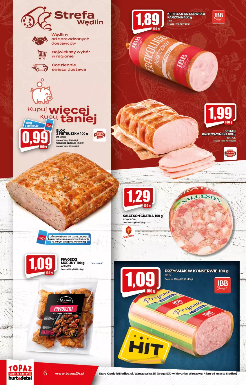 Gazetka promocyjna Topaz - Gazetka - ważna 02.09 do 08.09.2021 - strona 6 - produkty: Gra, Kiełbasa, Kiełbasa krakowska, Morliny, Pekpol, Piwo, Salceson, Ser, Sok, Sokołów