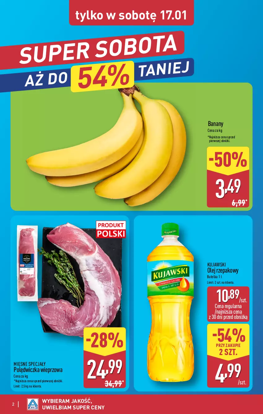 Gazetka promocyjna Aldi - Oferta weekendowa - ważna 15.01 do 17.01.2026 - strona 2 - produkty: Banany, Kujawski, Mięsne specjały, Olej, Olej rzepakowy, Polędwiczka wieprzowa