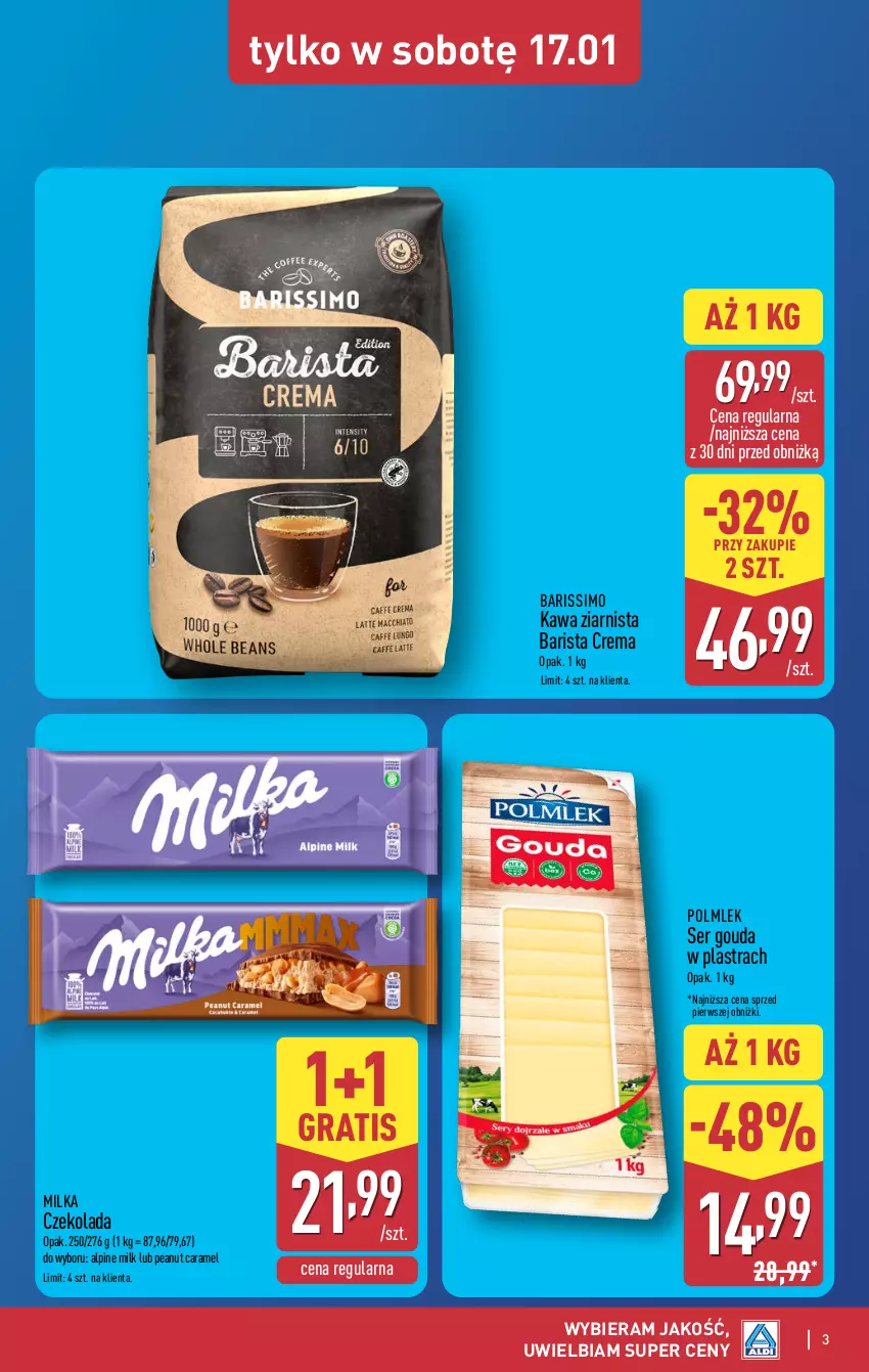 Gazetka promocyjna Aldi - Oferta weekendowa - ważna 15.01 do 17.01.2026 - strona 3 - produkty: Czekolada, Gouda, Gra, Kawa, Kawa ziarnista, Milka, POLMLEK, Ser