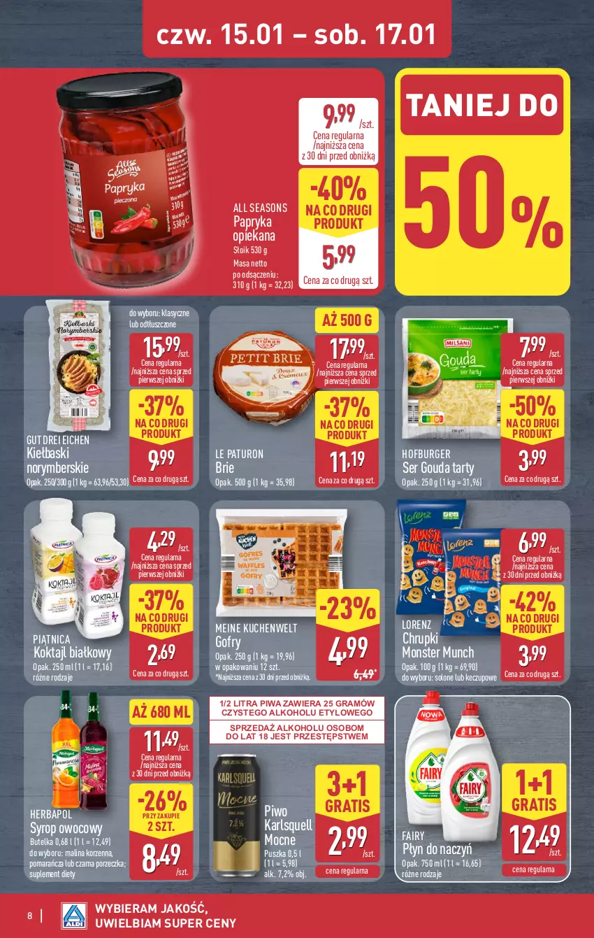 Gazetka promocyjna Aldi - Oferta weekendowa - ważna 15.01 do 17.01.2026 - strona 8 - produkty: All Seasons, Brie, Burger, Chrupki, Fa, Fairy, Gofry, Gouda, Gra, Herbapol, Hofburger, Karlsquell, Lorenz, Monster Munch, Papryka, Piątnica, Piwa, Piwo, Por, Ser, Suplement diety, Syrop
