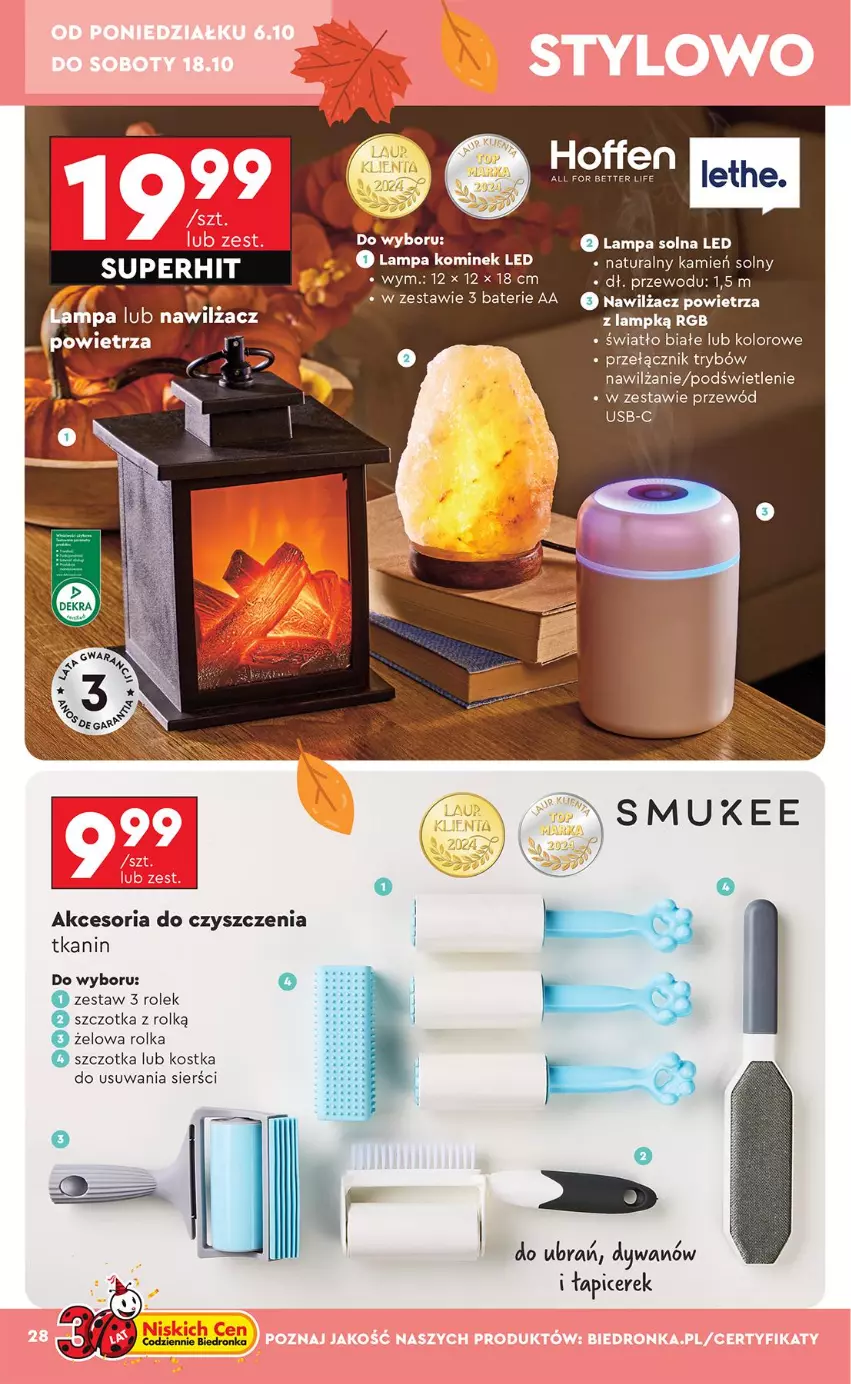 Gazetka promocyjna Biedronka - Okazje Tygodnia - ważna 06.10 do 18.10.2025 - strona 28 - produkty: Dywan, Fa, Kominek, Lampa, Nawilżacz powietrza, Przewód, Szczotka