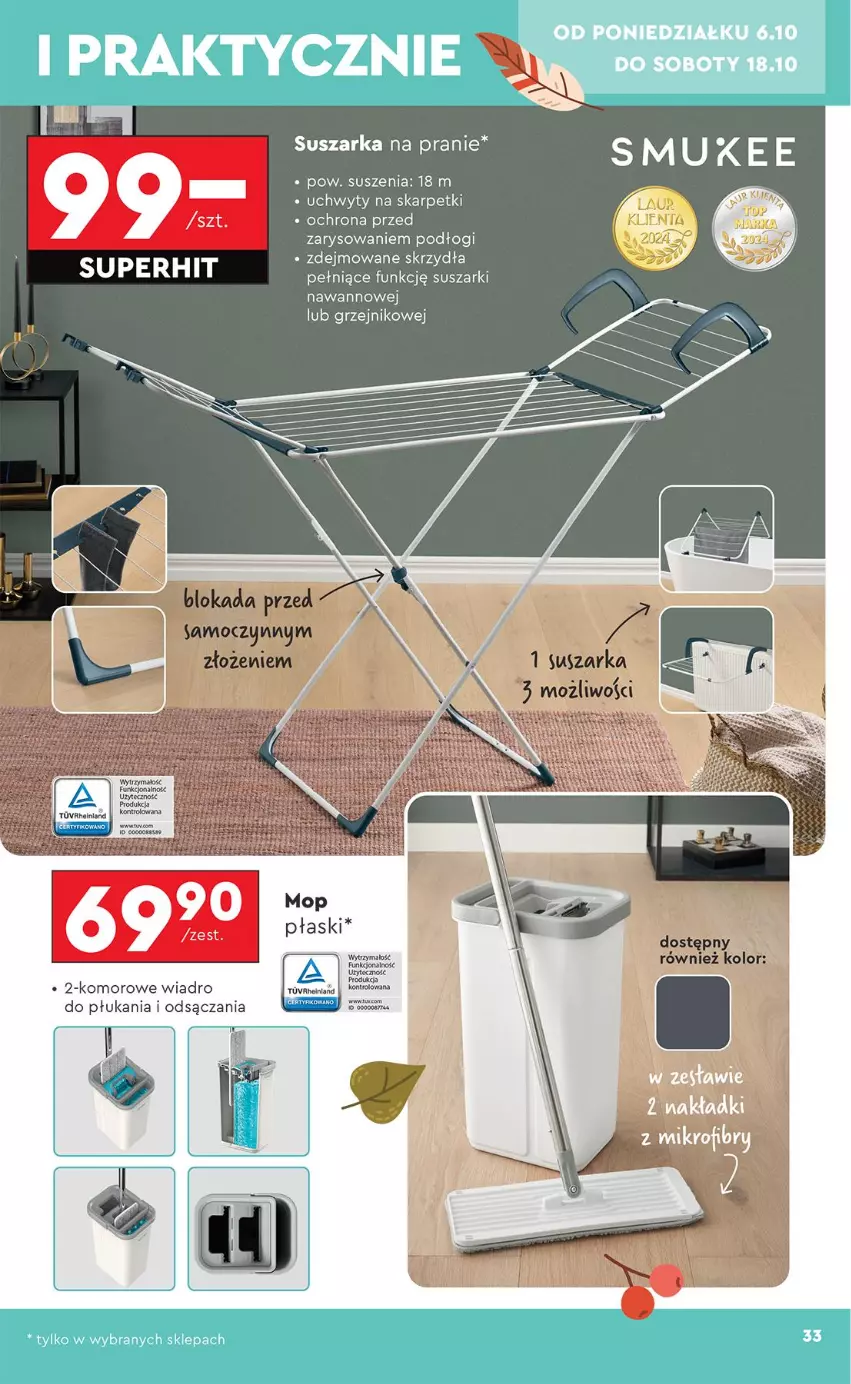 Gazetka promocyjna Biedronka - Okazje Tygodnia - ważna 06.10 do 18.10.2025 - strona 33 - produkty: Grzejnik, Karp, Skarpetki, Suszarka, Suszarka na pranie, Suszarki, Uchwyty, Wiadro