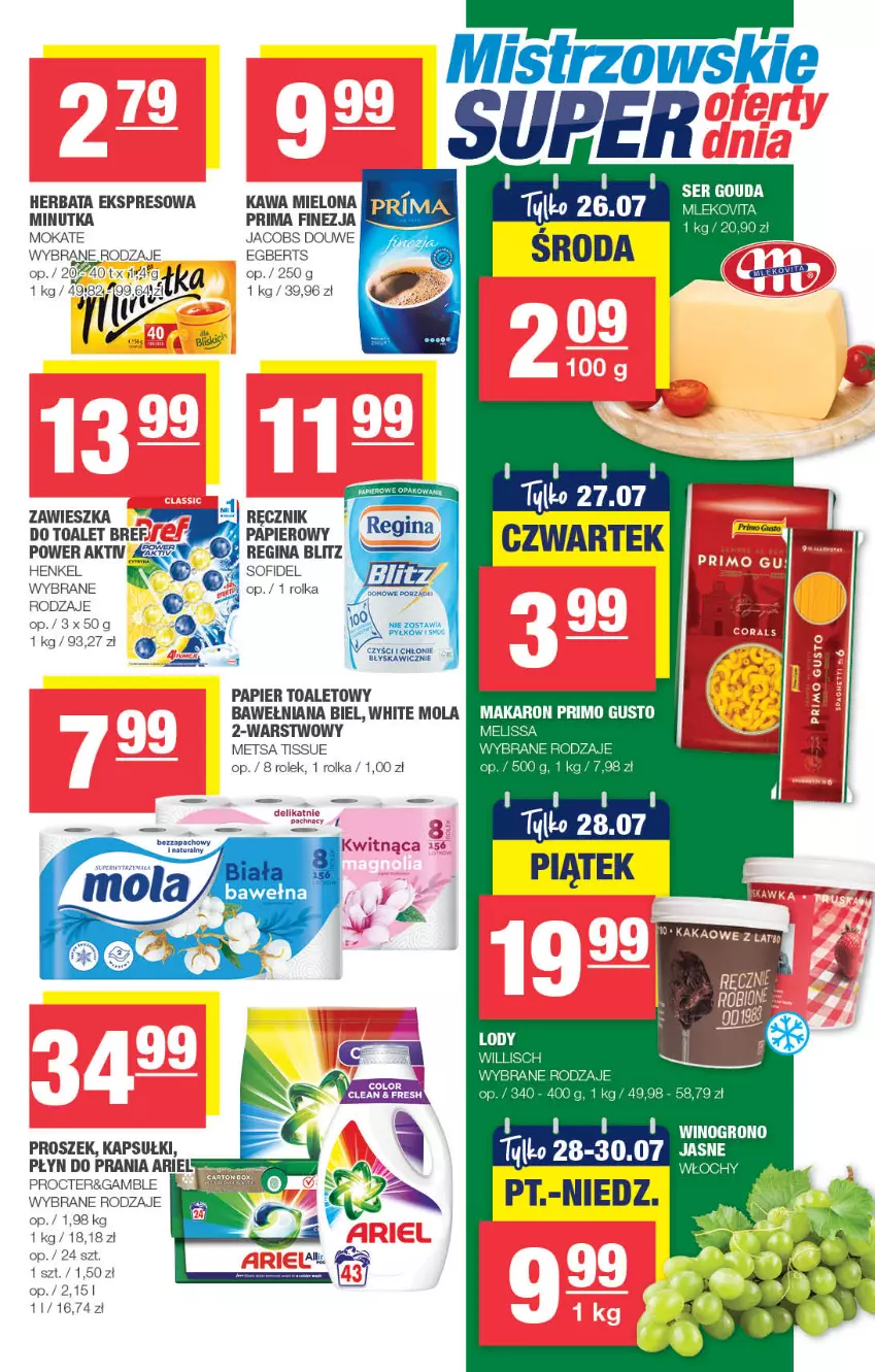 Gazetka promocyjna Spar - Spar - ważna 16.07 do 26.07.2023 - strona 7 - produkty: Ariel, Bref, Gin, Herbata, Kakao, Kawa, Kawa mielona, Lody, Mleko, Mlekovita, Mola, Papier, Papier toaletowy, Płyn do prania, Ręcznik, Surf, Wino