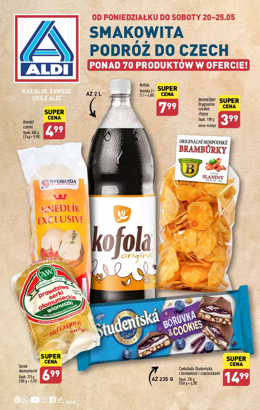 Gazetka promocyjna Aldi - Smakowita podróż do Czech - ważna 20.05 do 25.05.2024 - strona 1 - produkty: Borówka, Chipsy, Czekolada, Gin, Ser, Serek, Smakowita