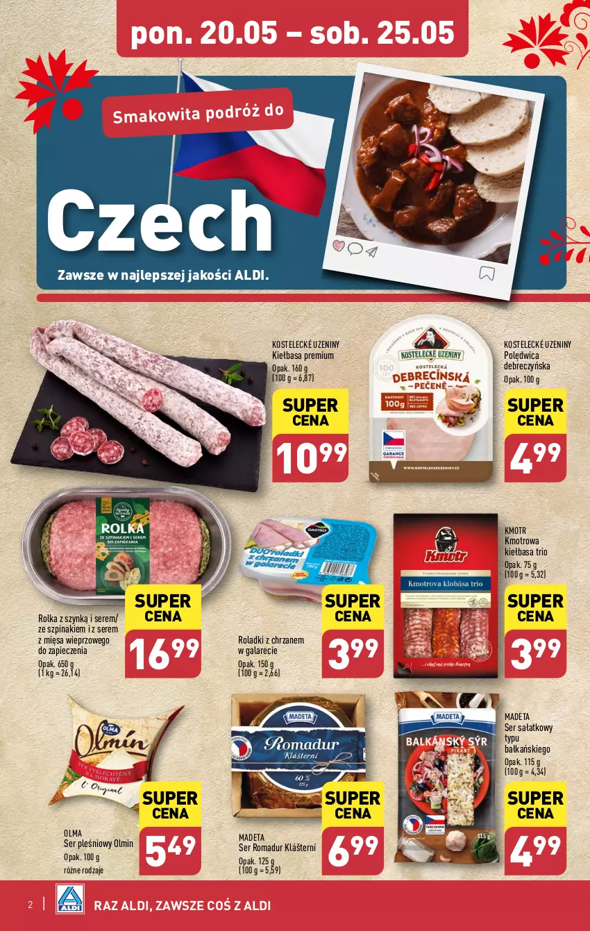 Gazetka promocyjna Aldi - Smakowita podróż do Czech - ważna 20.05 do 25.05.2024 - strona 2 - produkty: Chrzan, Gala, Kiełbasa, Olma, Piec, Polędwica, Sałat, Ser, Ser pleśniowy, Smakowita, Szpinak