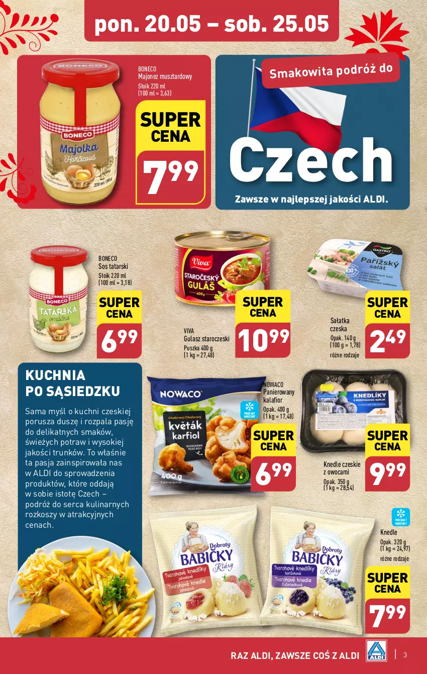 Gazetka promocyjna Aldi - Smakowita podróż do Czech - ważna 20.05 do 25.05.2024 - strona 3 - produkty: Kalafior, Knedle, Kosz, Kuchnia, Majonez, Mus, Por, Sałat, Sałatka, Ser, Smakowita, Sok, Sos