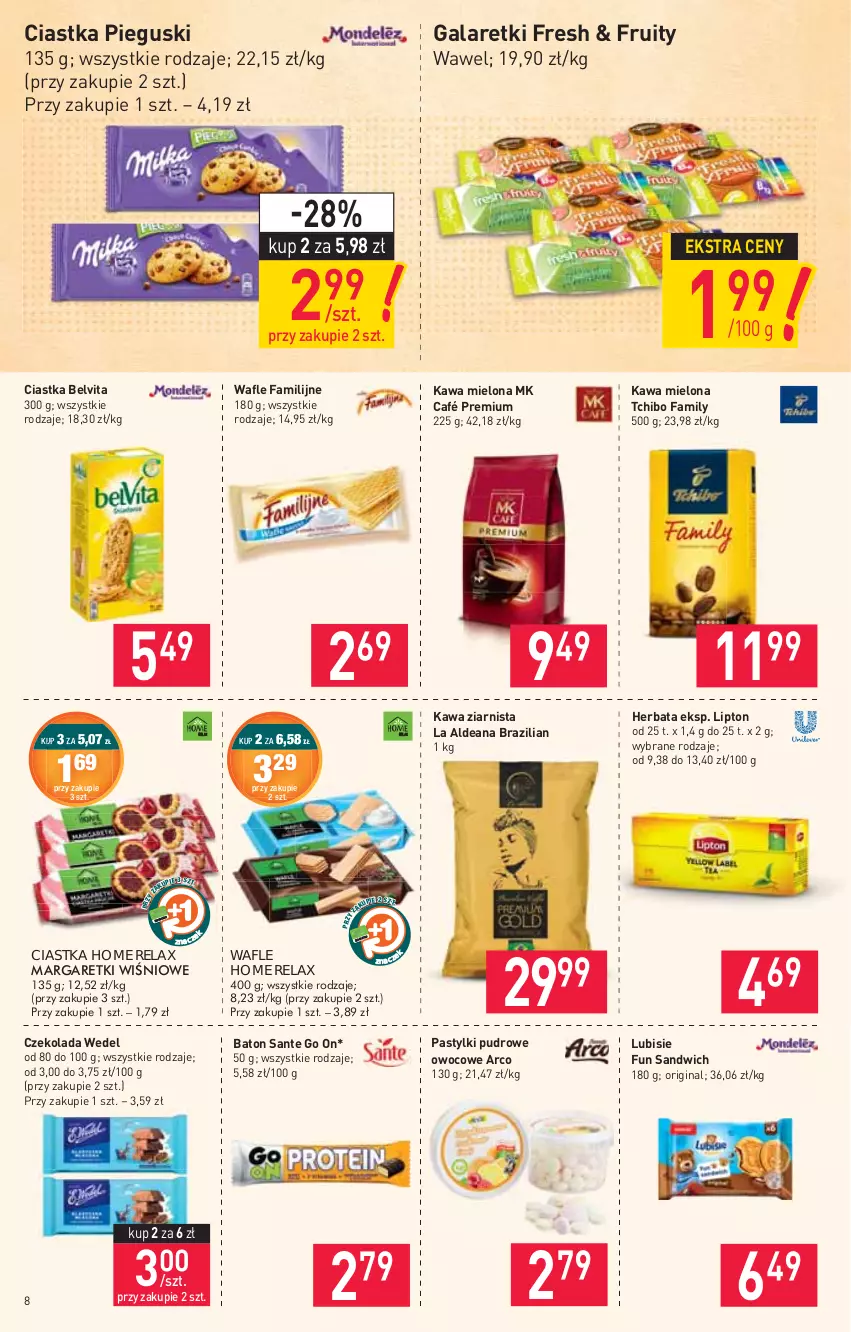 Gazetka promocyjna Stokrotka - Market - ważna 08.07 do 14.07.2021 - strona 8 - produkty: Baton, BelVita, Ciastka, Czekolada, Fa, Gala, Galaretki, Gin, Herbata, Kawa, Kawa mielona, Kawa ziarnista, Lipton, Lubisie, Pastylki, Sante, Tchibo, Tchibo Family, Wafle, Wawel