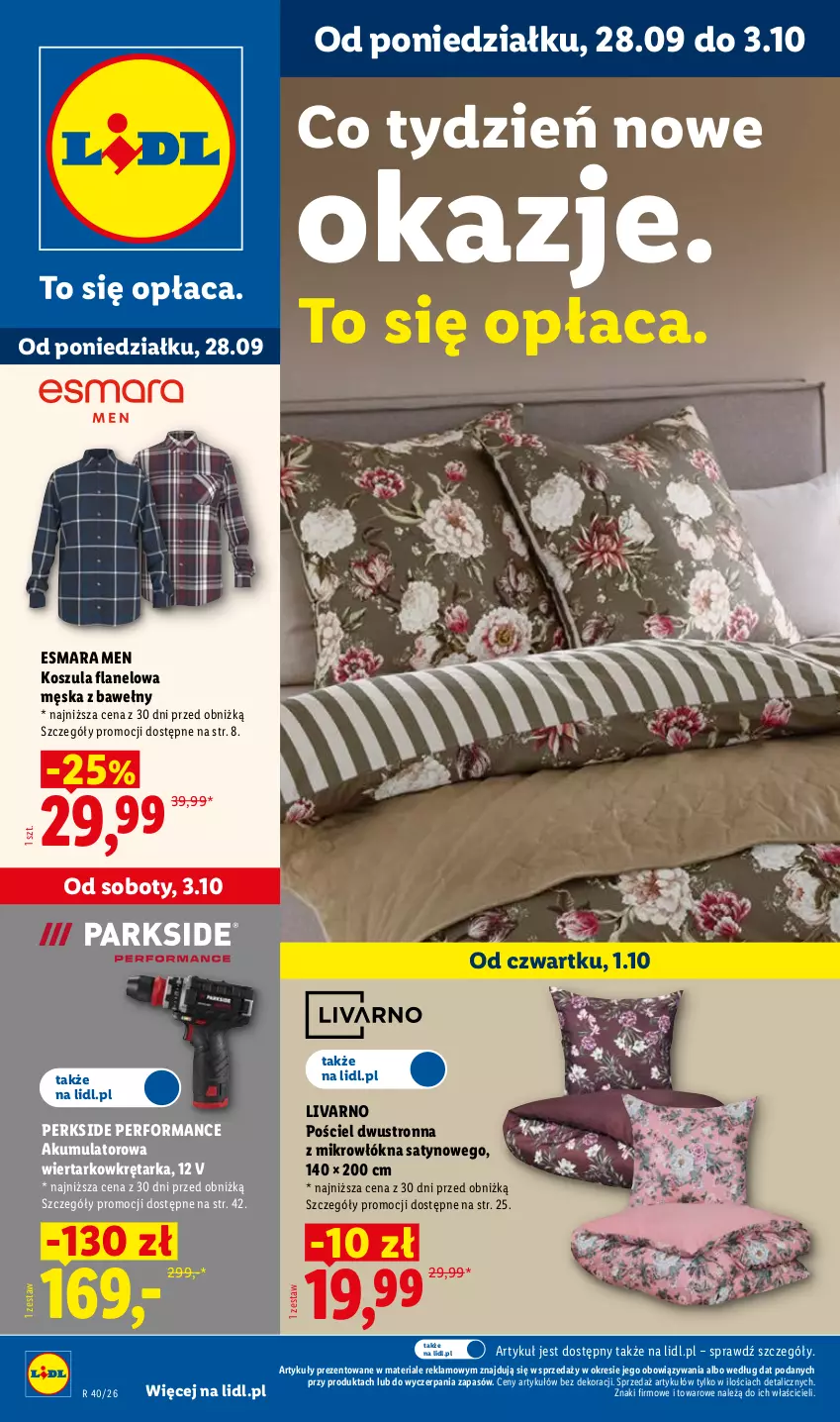 Gazetka promocyjna Lidl - Gazetka ważna od 28.09. do 03.10. - ważna 28.09 do 03.10.2026 - strona 1 - produkty: Akumulator, Akumulatorowa wiertarkowkrętark, Ivar, Kosz, Koszula, Pościel, Pościel dwustronna, Tarka, Wiertarkowkrętarka, Wkręt, Wkrętarka