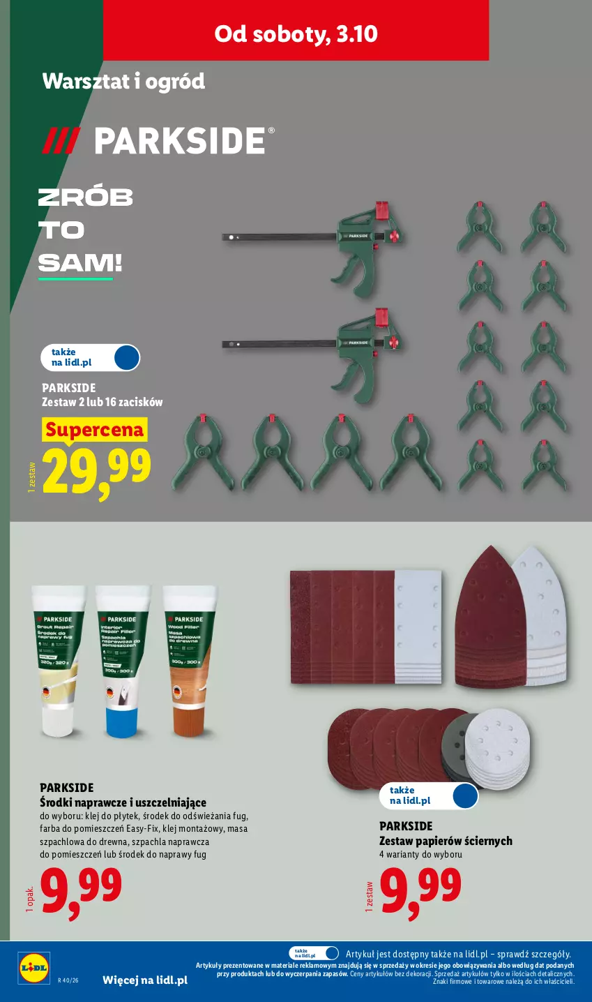 Gazetka promocyjna Lidl - Gazetka ważna od 28.09. do 03.10. - ważna 28.09 do 03.10.2026 - strona 56 - produkty: Fa, Klej, Masa szpachlowa, Ogród, Papier, Parkside