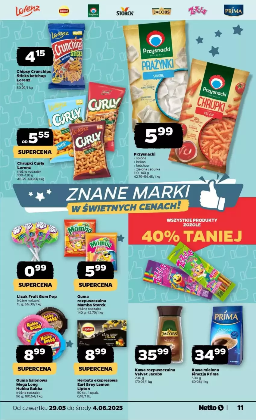 Gazetka promocyjna Netto - ważna 29.05 do 04.06.2025 - strona 3 - produkty: Chipsy, Chrupki, Crunchips, Earl Grey, Herbata, Jacobs, Kawa, Kawa mielona, Kawa rozpuszczalna, Ketchup, Lipton, Lorenz, Mamba, Prima, Przysnacki, Sok, Velvet