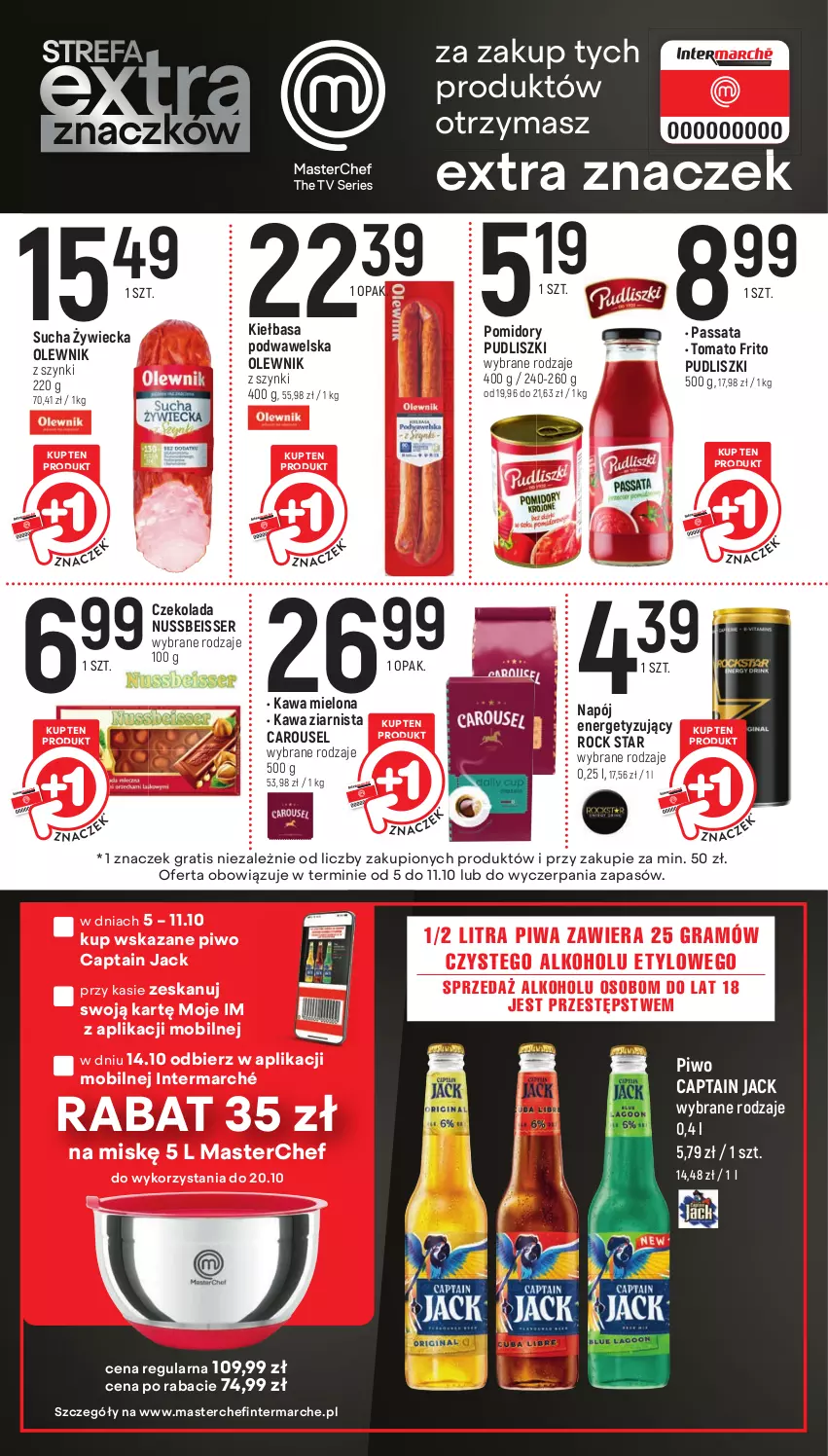 Gazetka promocyjna Intermarche - Gazetka Intermarche - ważna 05.10 do 11.10.2023 - strona 15 - produkty: Captain Jack, Czekolada, Gra, Kawa, Kawa mielona, Kawa ziarnista, Kiełbasa, Kiełbasa podwawelska, Mobil, Napój, Olewnik, Piwa, Piwo, Pomidory, Pudliszki, Ser, Wawel