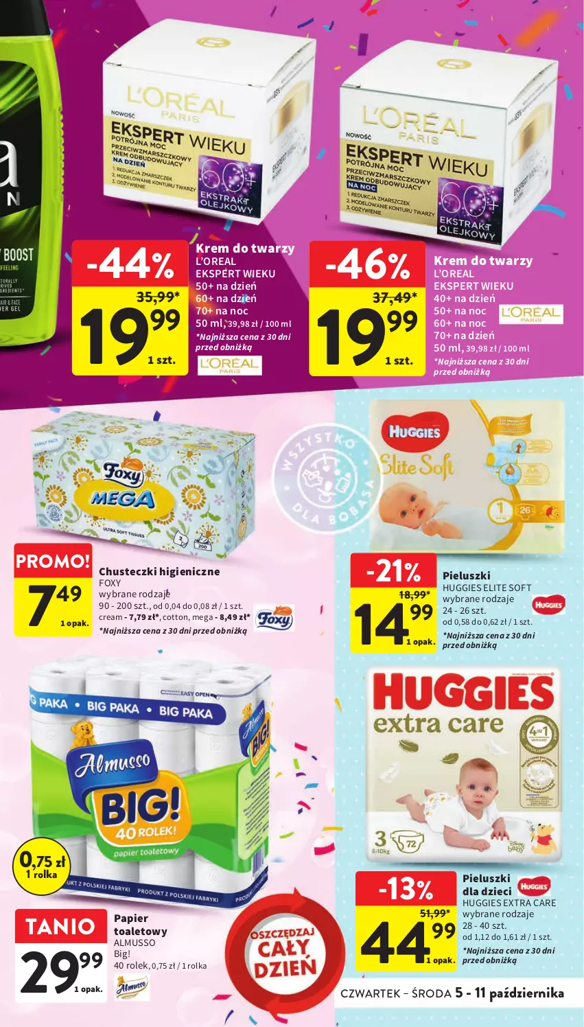 Gazetka promocyjna Intermarche - Gazetka Intermarche - ważna 05.10 do 11.10.2023 - strona 41 - produkty: Chusteczki, Dzieci, Foxy, Huggies, Krem do twarzy, Mus, Papier, Papier toaletowy