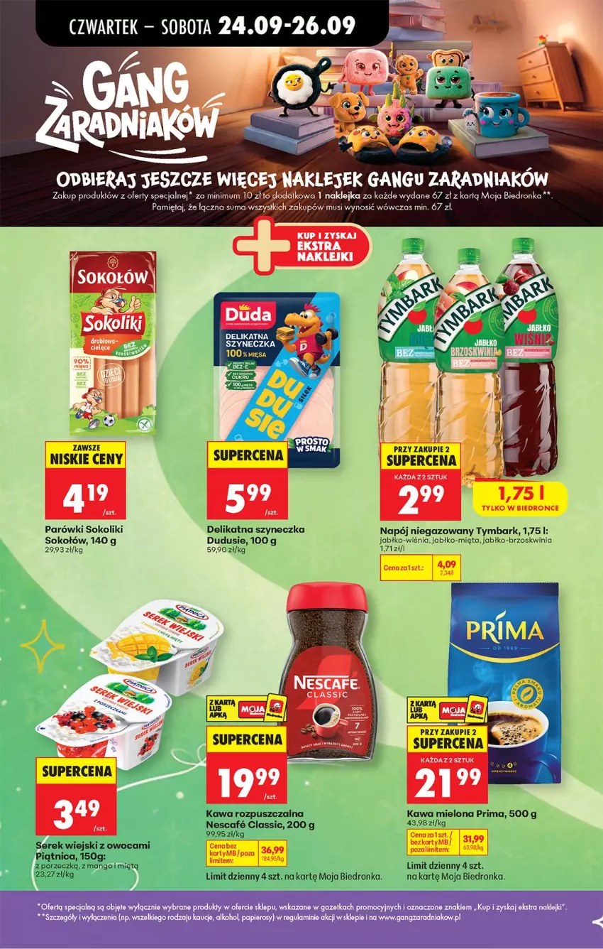 Gazetka promocyjna Biedronka - Od Czwartku - ważna 24.09 do 30.09.2026 - strona 30 - produkty: Kawa, Kawa mielona, Kawa rozpuszczalna, Klej, Mango, Mięta, Mus, Napój, Napój niegazowany, Parówki, Parówki sokoliki, Piątnica, Por, Prima, Ser, Serek, Serek wiejski, Sok, Sokołów, Tymbark