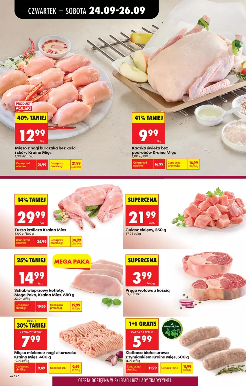 Gazetka promocyjna Biedronka - Od Czwartku - ważna 24.09 do 30.09.2026 - strona 40 - produkty: Kaczka, Kiełbasa, Kiełbasa biała, Kotlet, Kurczak, Mięso, Mięso mielone, Mop, Pręga wołowa, Schab wieprzowy, Tusz