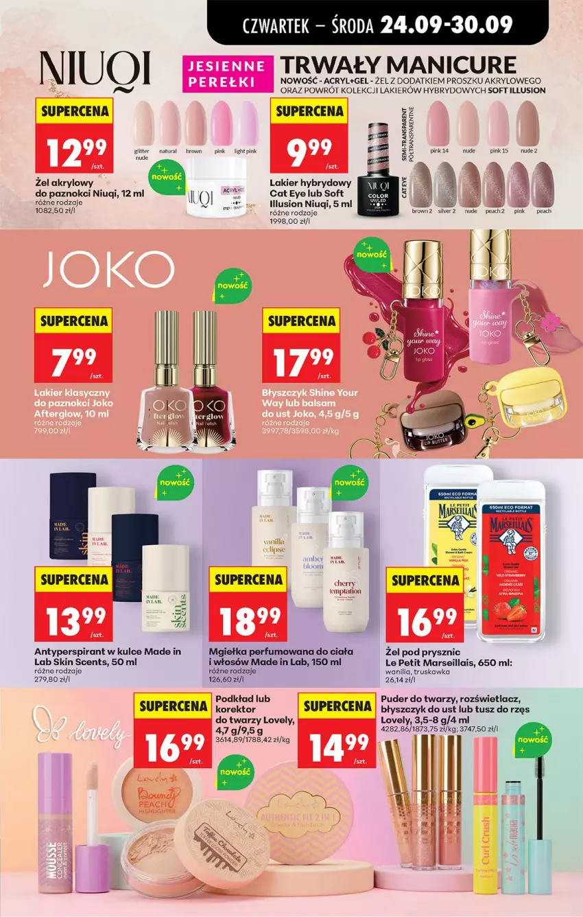 Gazetka promocyjna Biedronka - Od Czwartku - ważna 24.09 do 30.09.2026 - strona 77 - produkty: Antyperspirant, Błyszczyk do ust, Korektor do twarzy, Lakier, Lakier hybrydowy, Lovely, Mars, Niuqi, Perfum, Podkład, Puder, Puder do twarzy, Rozświetlacz, Tusz