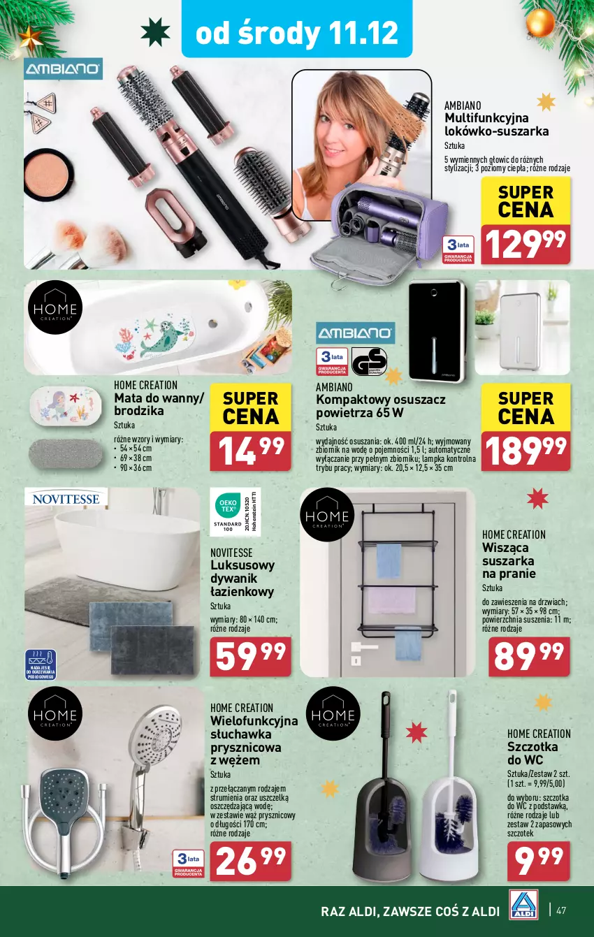 Gazetka promocyjna Aldi - Pełna oferta - ważna 09.12 do 15.12.2024 - strona 47 - produkty: Brodzik, Drzwi, Dywan, Dywanik, Dywanik łazienkowy, Osuszacz powietrza, Rum, Słuchawka prysznicowa, Suszarka, Suszarka na pranie, Szczotka, Szczotka do WC