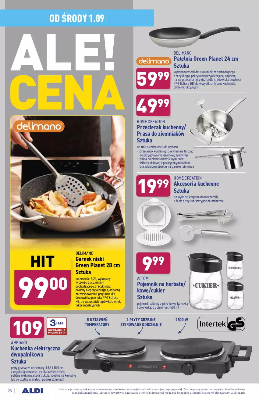 Gazetka promocyjna Aldi - ważna 30.08 do 04.09.2021 - strona 28 - produkty: Cukier, Dżem, Garnek, Makaron, Patelnia, Płyty grzejne, Pojemnik, Pojemnik szklany, Por, Sitko, Sos, Szczypce