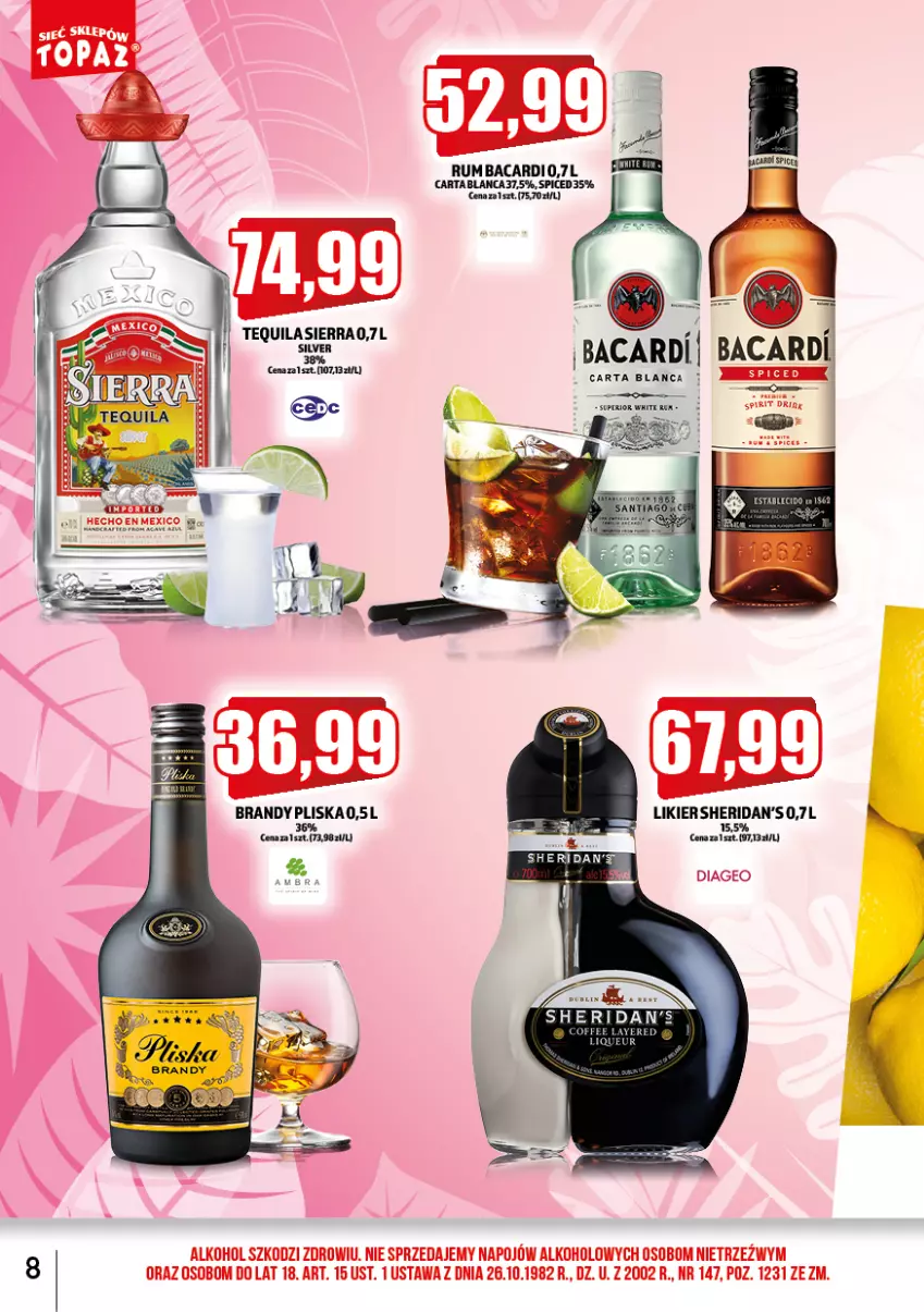 Gazetka promocyjna Topaz - Gazetka - ważna 01.06 do 30.06.2023 - strona 8 - produkty: Bacardi, Brandy, Pliska, Tequila