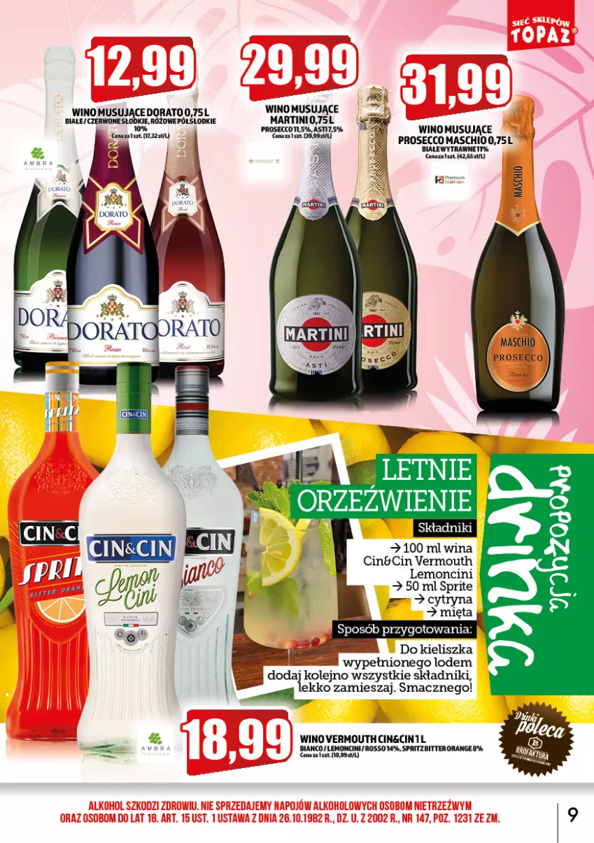 Gazetka promocyjna Topaz - Gazetka - ważna 01.06 do 30.06.2023 - strona 9 - produkty: Martini, Mięta, Mus, Olej, Prosecco, Sprite, Vermouth, Wino, Wino musujące