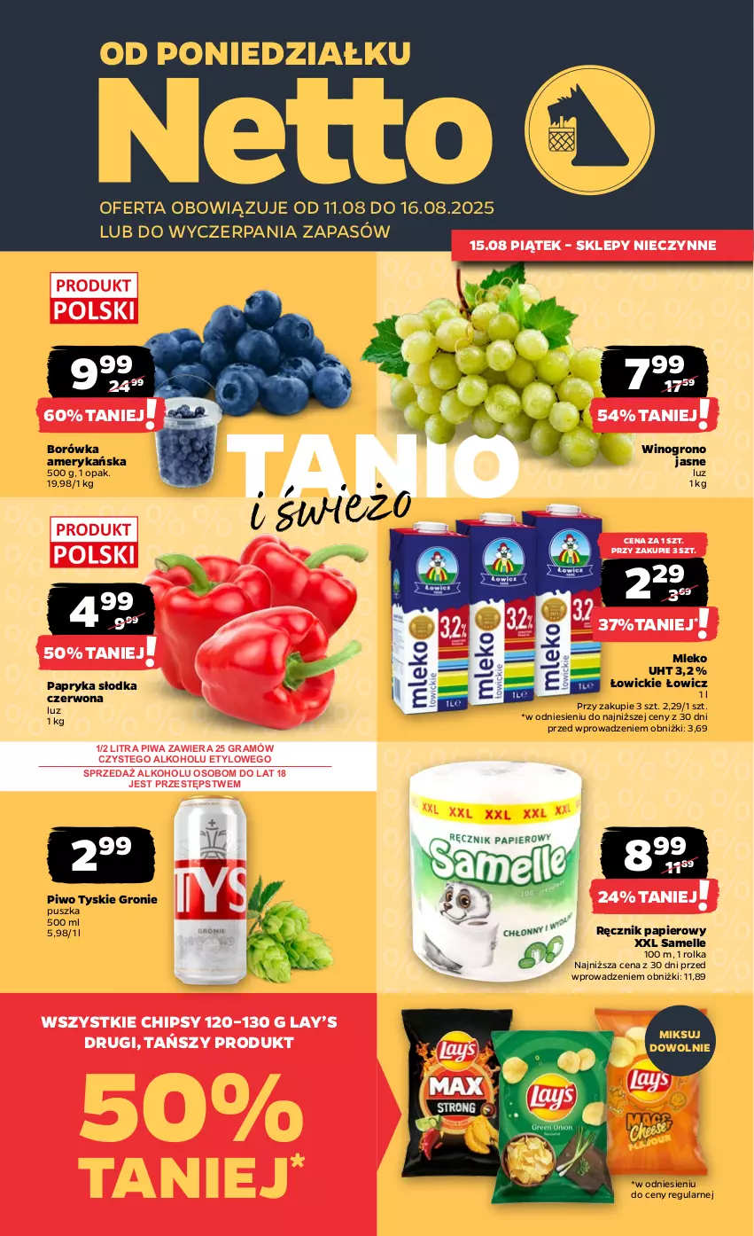 Gazetka promocyjna Netto - Od Poniedziałku - ważna 11.08 do 16.08.2025 - strona 1 - produkty: Borówka, Borówka amerykańska, Chipsy, Gra, Lay’s, Mleko, Papier, Papryka, Papryka słodka, Piwa, Piwo, Ręcznik, Tyskie, Wino