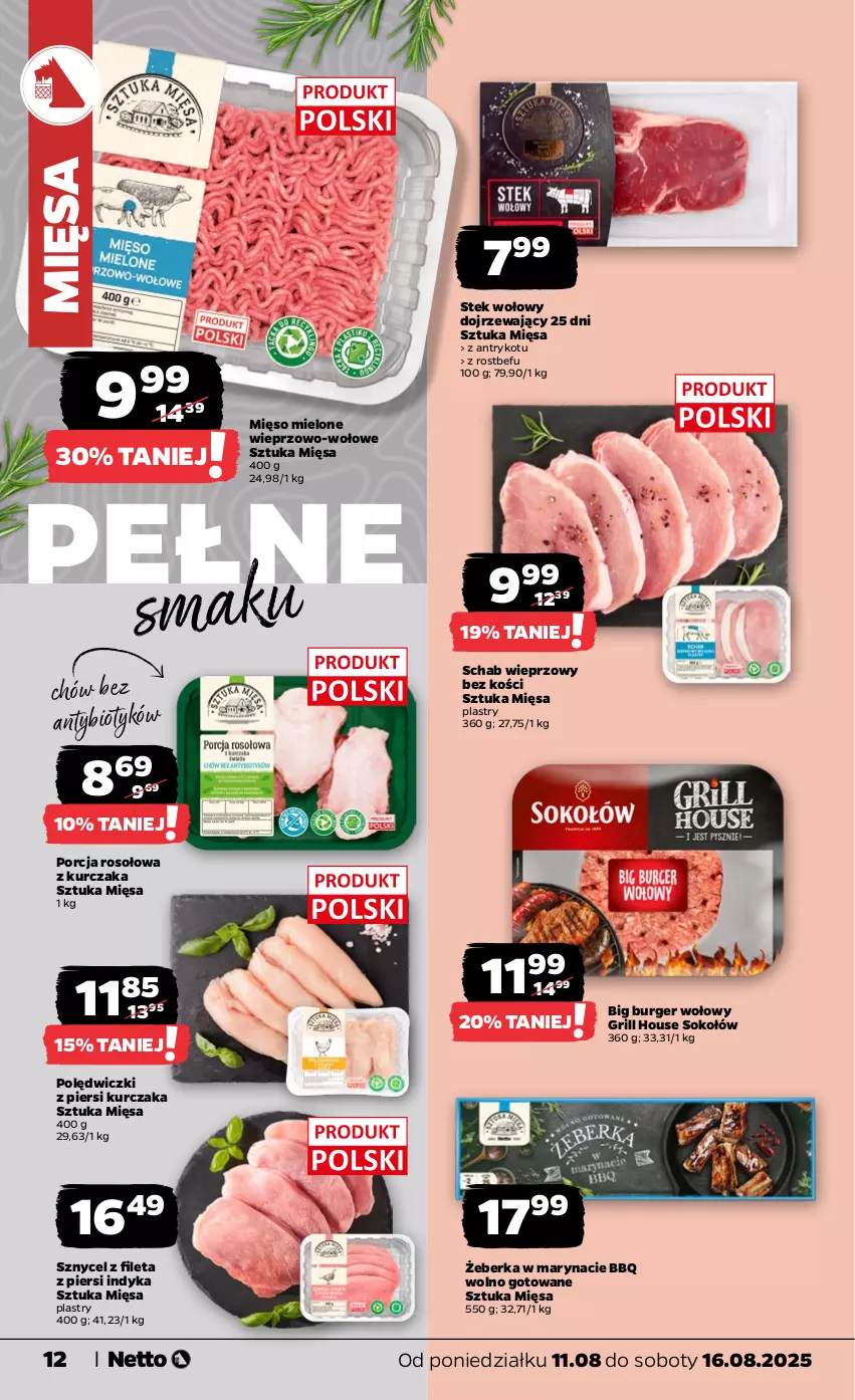 Gazetka promocyjna Netto - Od Poniedziałku - ważna 11.08 do 16.08.2025 - strona 12 - produkty: Burger, Grill, Kurczak, Mięso, Mięso mielone, Por, Rostbef, Schab wieprzowy, Sok, Sokołów, Stek, Stek wołowy