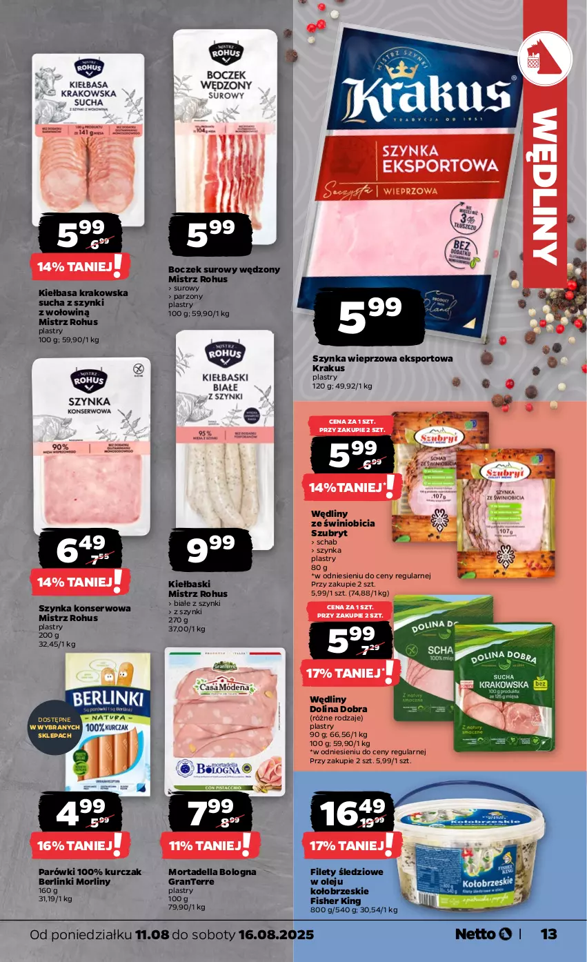 Gazetka promocyjna Netto - Od Poniedziałku - ważna 11.08 do 16.08.2025 - strona 13 - produkty: Berlinki, BIC, Boczek, Dell, Gra, Kiełbasa, Kiełbasa krakowska, Krakus, Kurczak, Morliny, Mortadella, Olej, Parówki, Por, Ser, Sport, Szubryt, Szynka, Szynka konserwowa, Szynka wieprzowa