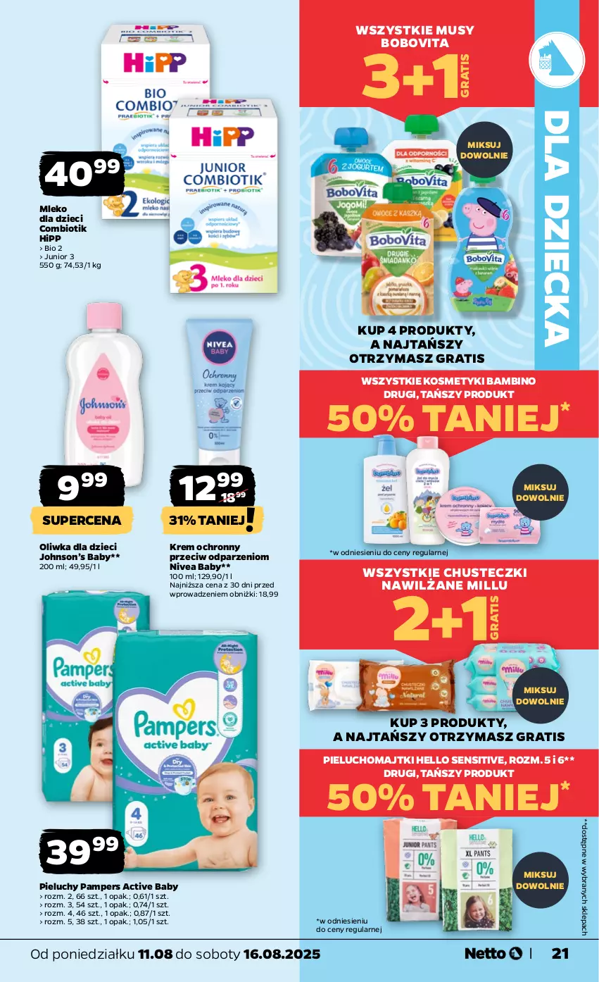 Gazetka promocyjna Netto - Od Poniedziałku - ważna 11.08 do 16.08.2025 - strona 21 - produkty: BoboVita, Chusteczki, Dzieci, Gra, HiPP, Majtki, Mleko, Mleko dla dzieci, Mus, Nivea, Nivea Baby, Oliwka dla dzieci, Pampers, Pieluchomajtki, Pieluchy