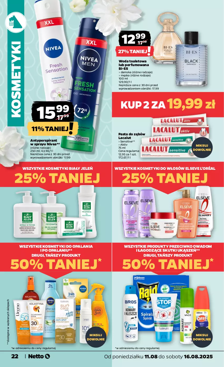 Gazetka promocyjna Netto - Od Poniedziałku - ważna 11.08 do 16.08.2025 - strona 22 - produkty: Antyperspirant, Biały Jeleń, Elseve, L’Oréal, Lacalut, Nivea, Pasta do zębów, Perfum, Woda, Woda toaletowa