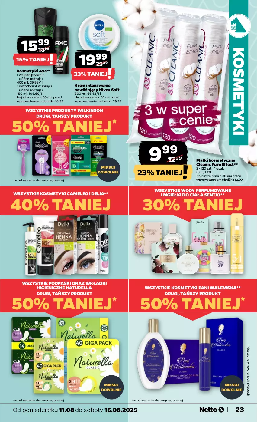 Gazetka promocyjna Netto - Od Poniedziałku - ważna 11.08 do 16.08.2025 - strona 23 - produkty: Cleanic, Dezodorant, Eleo, Naturell, Naturella, Nivea, Perfum, Płatki kosmetyczne, Podpaski, Pur, Wkładki