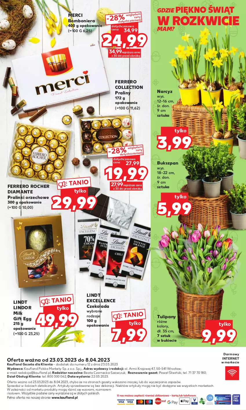 Gazetka promocyjna Kaufland - Oferta ważna od 23.03.2023 do 08.04.2023 lub do wyczerpania zapasów. - ważna 23.03 do 08.04.2023 - strona 20 - produkty: Bomboniera, Czekolada, Diamant, Dres, Ferrero, Ferrero Rocher, Lindor, Lindt, Merci, Narcyz, Praliny, Tulipan