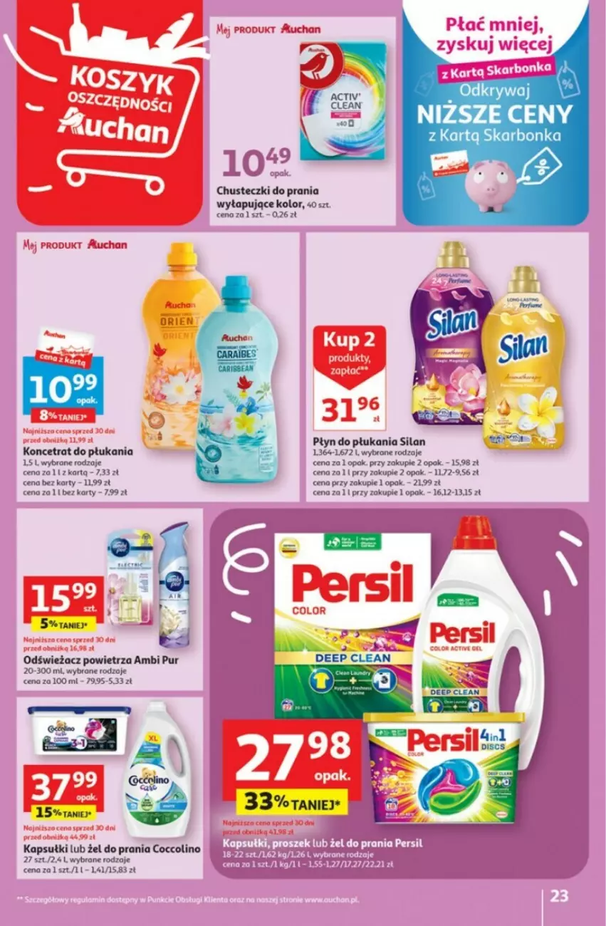 Gazetka promocyjna Auchan - ważna 28.09 do 04.10.2023 - strona 16 - produkty: Ambi Pur, Chusteczki, Chusteczki do prania, Coccolino, Odświeżacz powietrza, Płyn do płukania, Pur, Silan
