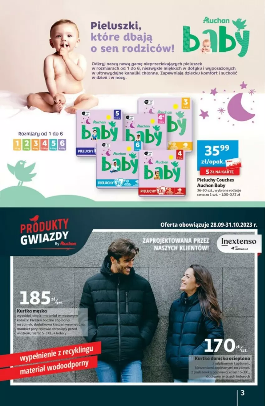 Gazetka promocyjna Auchan - ważna 28.09 do 04.10.2023 - strona 23 - produkty: Baby O, Kurtka, Pieluchy, Sok