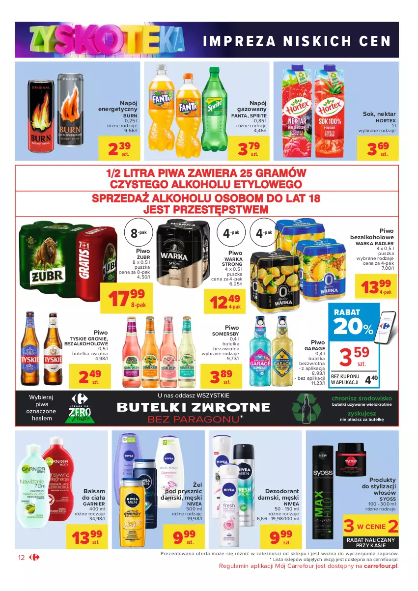 Gazetka promocyjna Carrefour - Gazetka Market Zyskoteka - ważna 05.10 do 09.10.2021 - strona 12 - produkty: Balsam do ciała, Dezodorant, Fa, Fanta, Garnier, Gra, Hortex, Napój, Napój energetyczny, Napój gazowany, Nektar, Nivea, Piwa, Piwo, Radler, Sok, Somersby, Sprite, Syoss, Tyskie, Warka