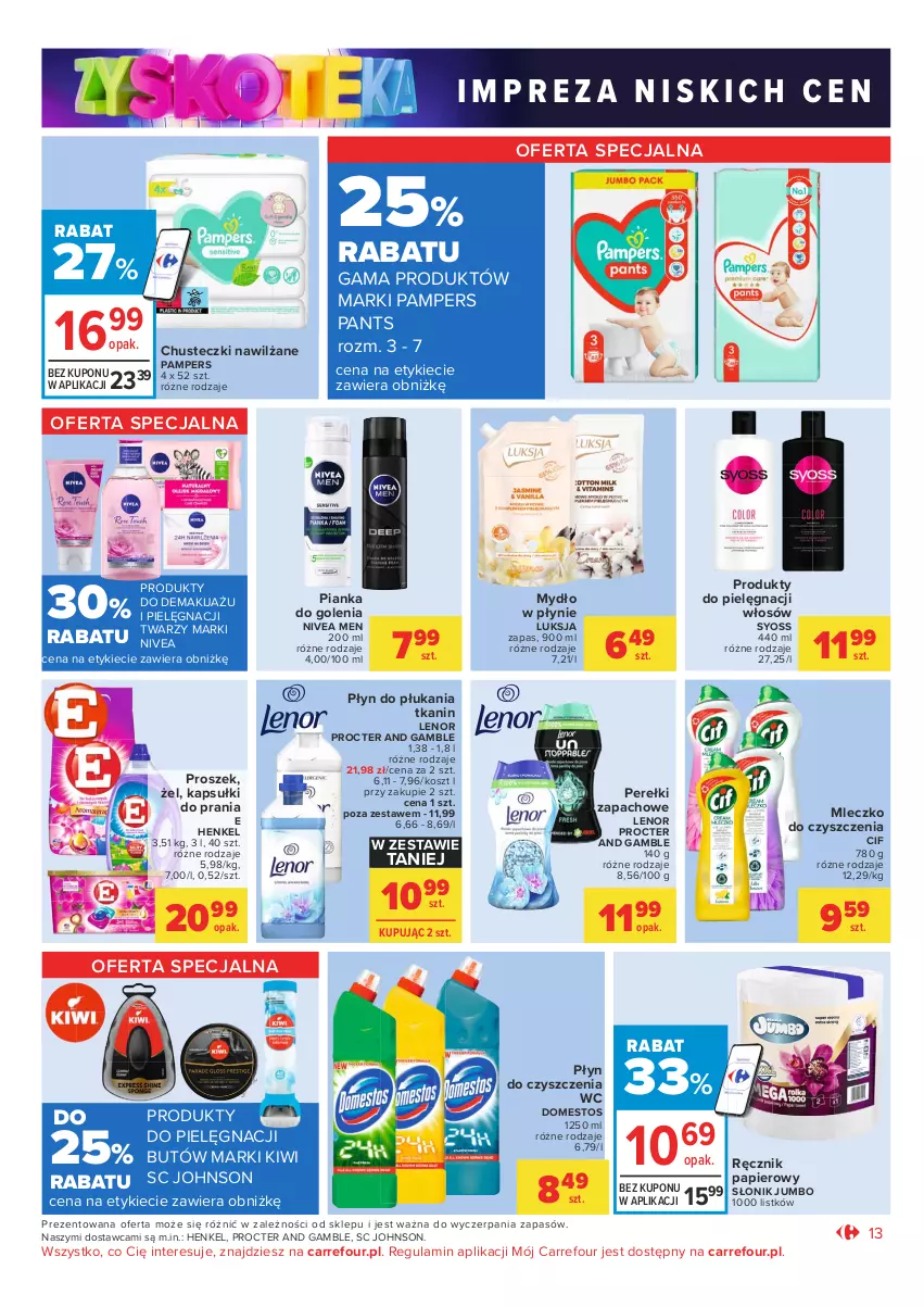 Gazetka promocyjna Carrefour - Gazetka Market Zyskoteka - ważna 05.10 do 09.10.2021 - strona 13 - produkty: Chusteczki, Cif, Domestos, Kapsułki do prania, Kiwi, Kosz, Lenor, Luksja, Makijaż, Mleczko, Mydło, Mydło w płynie, Nivea, Nivea Men, Pampers, Papier, Perełki zapachowe, Pianka do golenia, Płyn do czyszczenia wc, Płyn do płukania, Ręcznik, Syoss