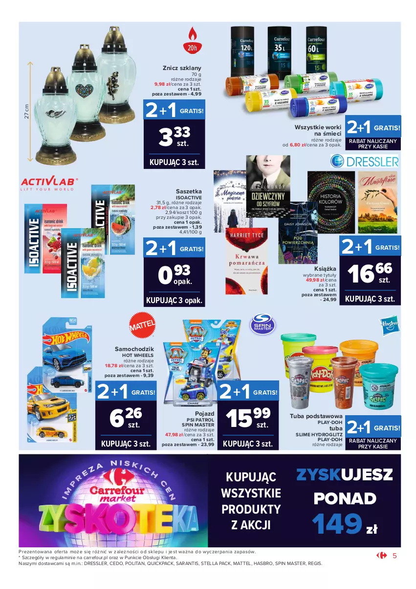 Gazetka promocyjna Carrefour - Gazetka Market Zyskoteka - ważna 05.10 do 09.10.2021 - strona 5 - produkty: Chodzik, Dres, Gra, Hasbro, Hot Wheels, Kosz, Książka, Mattel, Play-Doh, Pojazd, Psi Patrol, Worki na śmiec, Worki na śmieci, Znicz