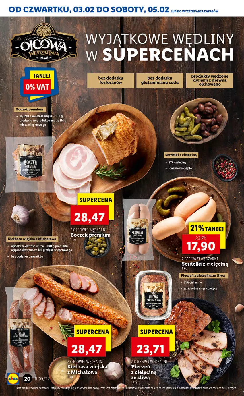 Gazetka promocyjna Lidl - GAZETKA - ważna 03.02 do 05.02.2022 - strona 20 - produkty: Boczek, Kiełbasa, Mięso, Piec, Ser, Serdelki, Sok