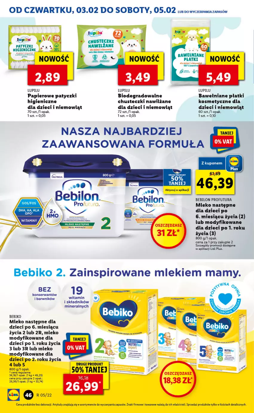 Gazetka promocyjna Lidl - GAZETKA - ważna 03.02 do 05.02.2022 - strona 46 - produkty: Bebiko, BEBILON, Chusteczki, Dzieci, Gra, Mleko, Mleko modyfikowane, O nas, Papier, Ser