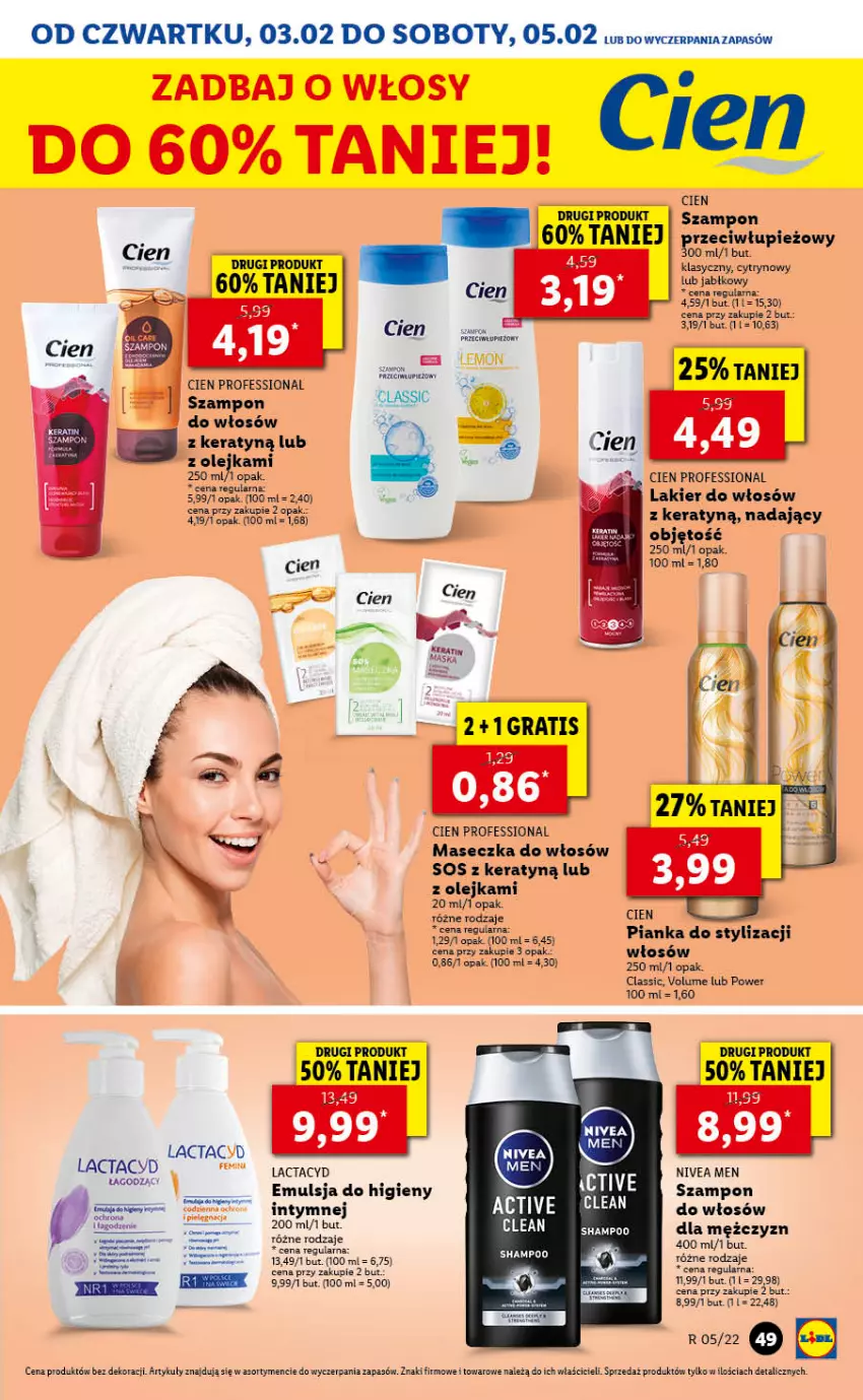 Gazetka promocyjna Lidl - GAZETKA - ważna 03.02 do 05.02.2022 - strona 49 - produkty: Emulsja, Lactacyd, Lakier, Lakier do włosów, Nivea, Nivea Men, Olej, Sos, Szampon