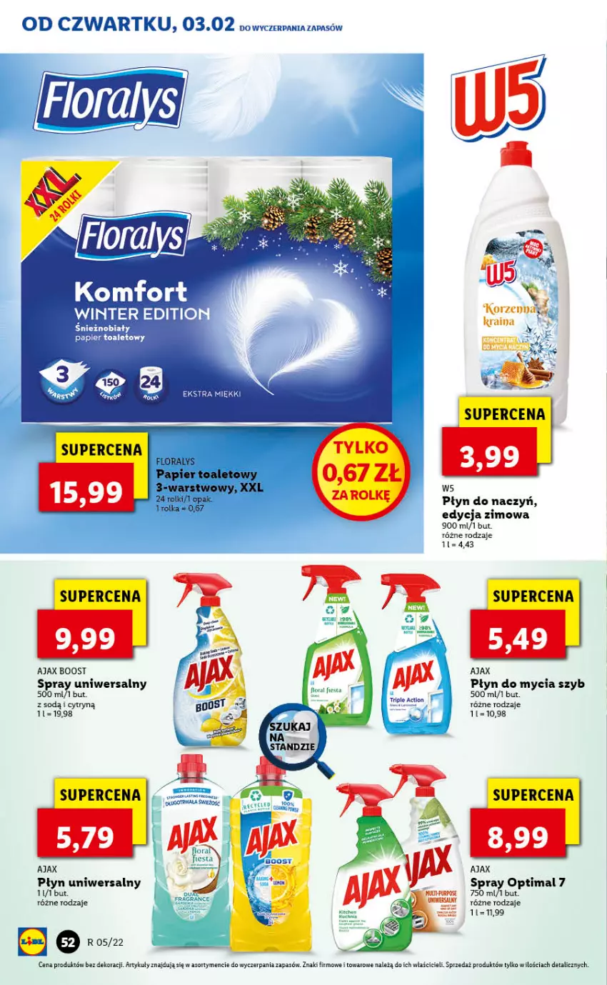 Gazetka promocyjna Lidl - GAZETKA - ważna 03.02 do 05.02.2022 - strona 52 - produkty: Ajax, Flora, Optima, Papier, Papier toaletowy, Płyn do mycia, Rolki