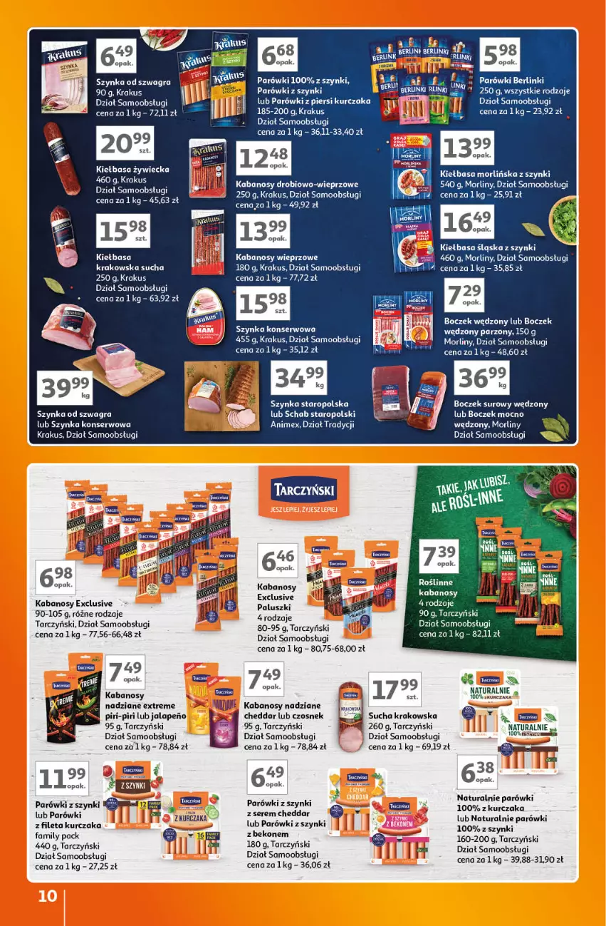 Gazetka promocyjna Auchan - Gazetka Znane Marki Lubiane Hipermarket Auchan - ważna 07.09 do 13.09.2023 - strona 10 - produkty: Beko, Boczek, Cheddar, Czosnek, Fa, Gra, Kabanos, Kiełbasa, Krakus, Kurczak, Morliny, Parówki, Parówki z szynki, Ser, Szynka, Szynka konserwowa, Tarczyński