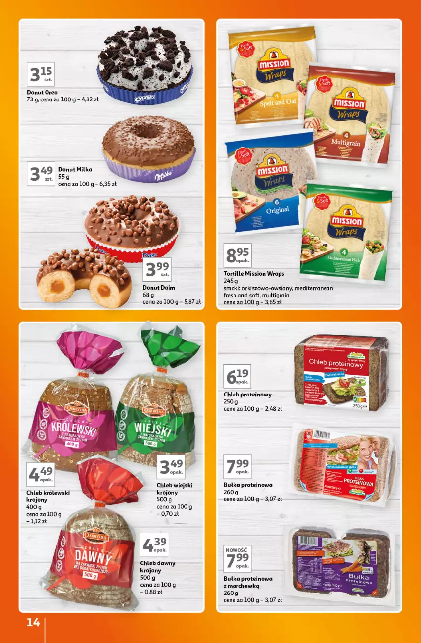 Gazetka promocyjna Auchan - Gazetka Znane Marki Lubiane Hipermarket Auchan - ważna 07.09 do 13.09.2023 - strona 14 - produkty: Bułka, Chleb, Chleb proteinowy, Donut, Gra, Królewski, Milka, Oreo