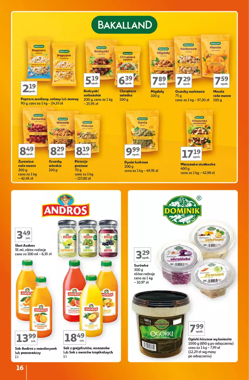 Gazetka promocyjna Auchan - Gazetka Znane Marki Lubiane Hipermarket Auchan - ważna 07.09 do 13.09.2023 - strona 16 - produkty: Ananas, Bakalland, Grejpfrut, Mieszanka studencka, Migdały, Owoce, Pistacje, Popcorn, Rodzynki, Sałat, Sałatka, Ser, Sok, Surówka