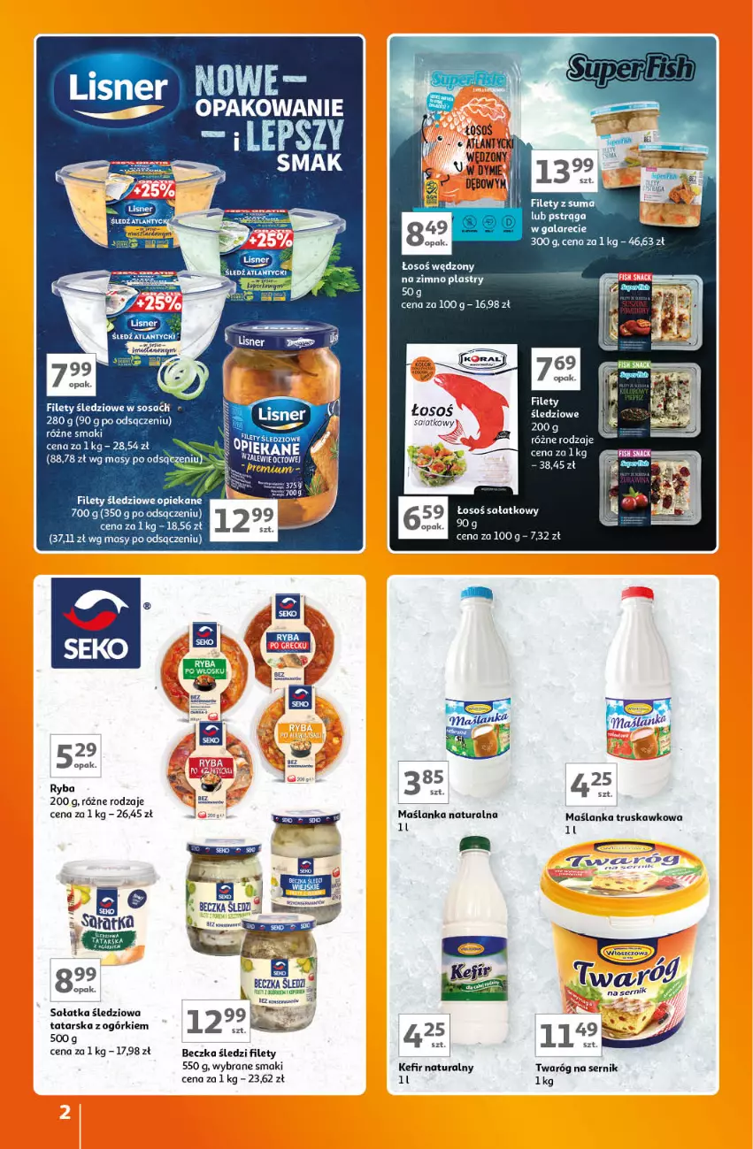 Gazetka promocyjna Auchan - Gazetka Znane Marki Lubiane Hipermarket Auchan - ważna 07.09 do 13.09.2023 - strona 2 - produkty: Kefir, Kefir naturalny, Lisner, Maślanka, Por, Ryba, Sałat, Sałatka, Ser, Twaróg