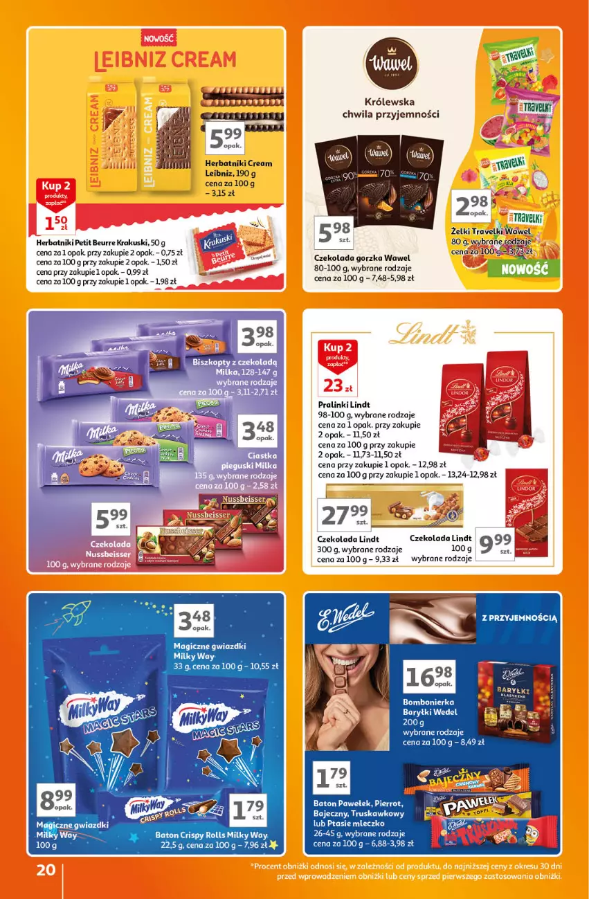 Gazetka promocyjna Auchan - Gazetka Znane Marki Lubiane Hipermarket Auchan - ważna 07.09 do 13.09.2023 - strona 20 - produkty: Baryłki, Baton, Biszkopty, Czekolada, Czekolada gorzka, Herbatniki, Herbatniki Petit Beurre, Krakus, Krakuski, Lindt, Milka, Milky Way, Mleczko, Ptasie mleczko, Wawel