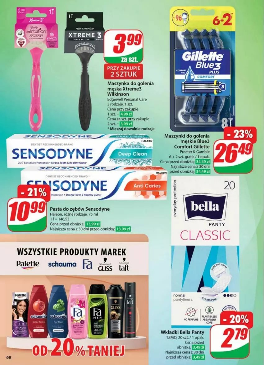 Gazetka promocyjna Dino - ważna 23.04 do 29.04.2025 - strona 65 - produkty: Bell, Bella, Gillette, Gra, Leon, Maszynka, Maszynka do golenia, Palette, Pasta do zębów, Perfum, Schauma, Sensodyne, Szynka, Wkładki